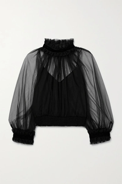 Alice And Olivia Alexia Cropped Velvet-trimmed Ruffled Chiffon Blouse In Black