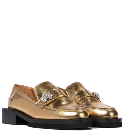 Ganni Crystal-embellished Metallic Textured-leather Loafers In Gold