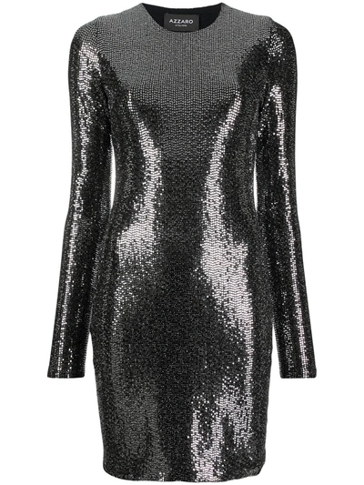 Azzaro Long-sleeved Sequin Short Dress In Silver