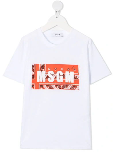 Msgm Kids' Paisley Print Square Logo T-shirt In White