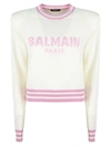 Balmain Intarsia Logo Wool & Cashmere Blend Crop Sweater In Panna+rosa