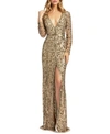 Mac Duggal Embellished Long Sleeve Evening Gown In Antique Gold