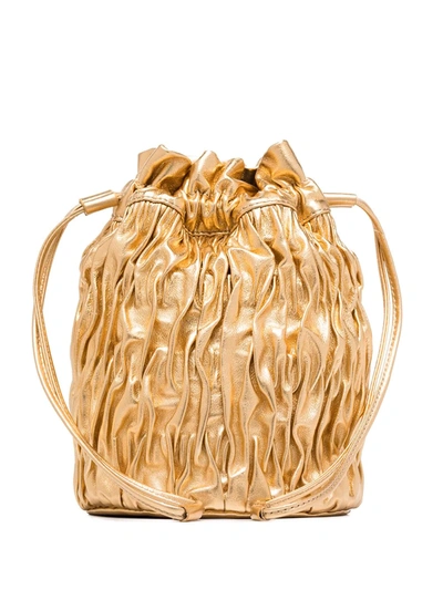 Ganni Gold Ruched Leather Bucket Bag