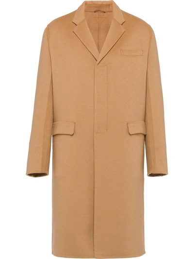 Prada Single-breasted Cashmere Coat In Camel Brown