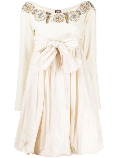 Pre-owned A.n.g.e.l.o. Vintage Cult 1990s Oversized Bow Beaded Dress In Neutrals