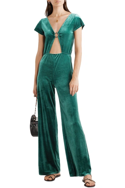Solid & Striped Ring-embellished Velvet Jumpsuit In Deep Jade