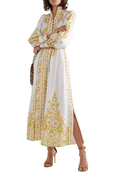 Zimmermann Super Eight Tubular Belted Button-detailed Floral-print Linen-gauze  Maxi Dress In White | ModeSens