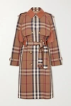 BURBERRY DOUBLE-BREASTED CHECKED GABARDINE AND LEATHER TRENCH COAT