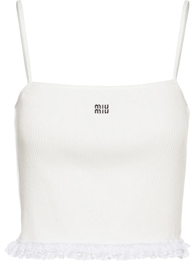 Miu Miu Embroidered Logo Ribbed Top In White
