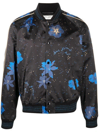 Saint Laurent Teddy Jacket With Hibisco Confetti Pattern In Blue
