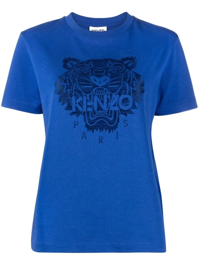 Kenzo Blue T-shirt With Tiger Embroidery And Logo