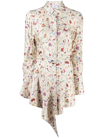 Off-white Draped Floral Shirt Dress In Light Beige