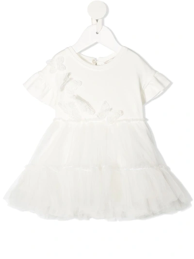 Monnalisa Babies' White Dress With Flowers Applications And Tulle Skirt In Cream