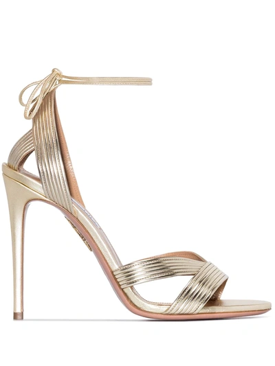 Aquazzura Ari 105 Wrap-around Sandals In Laminated Leather In Soft Gold