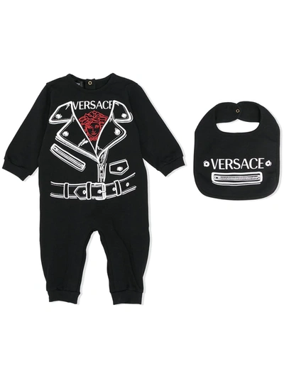 Young Versace Babies' Biker Jacket-print Romper And Bib Set In Black