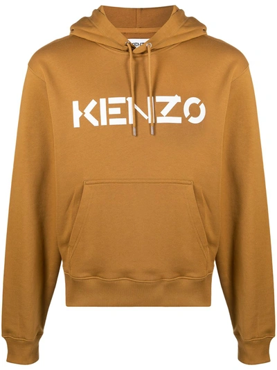 Kenzo Logo Print Drawstring Hoodie In Dark Beige