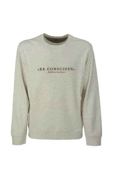 Brunello Cucinelli Comfort Cotton French Terry Sweatshirt With Embroidery In Ecru