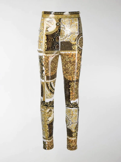 Versace Brown Barocco Patchwork Legging Trousers In Gold