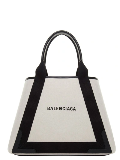 Balenciaga Navy Cabas Medium Tote In White