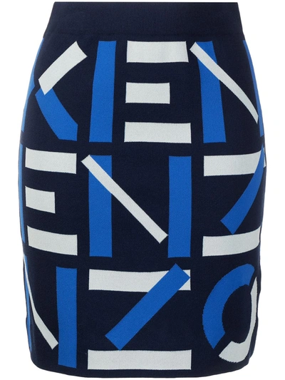 Kenzo Monogram Cotton Blend Knit Mini Skirt In Blue,grey