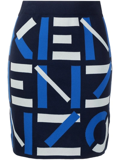 Kenzo Monogram Cotton Blend Knit Mini Skirt In Blue