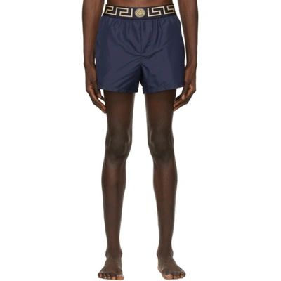 Versace Blue Swim Trunks With Greca And Medusa Head Print On Elastic Waistband In Nylon In Navy Blue