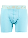 Versace Greca Border Long Boxer Trunks In Blue