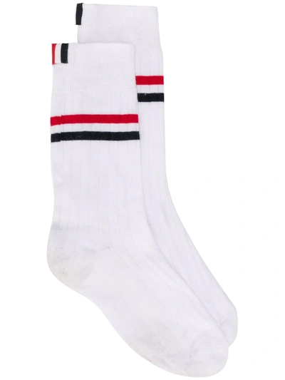 Thom Browne Athletic Striped Mid-calf Socks, White