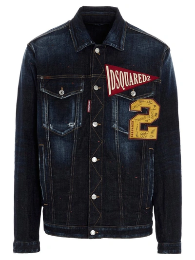 Dsquared2 Over College Patch Cotton Denim Jacket In Blue