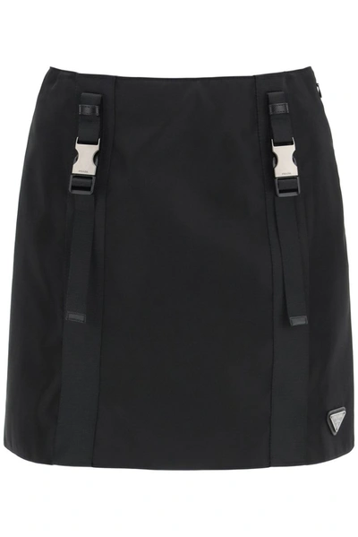 Prada Logo Nylon Gabardine Skirt W/ Buckles In Nero (black)