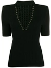 BALMAIN BLACK TOP WITH LACE-UP V-NECK