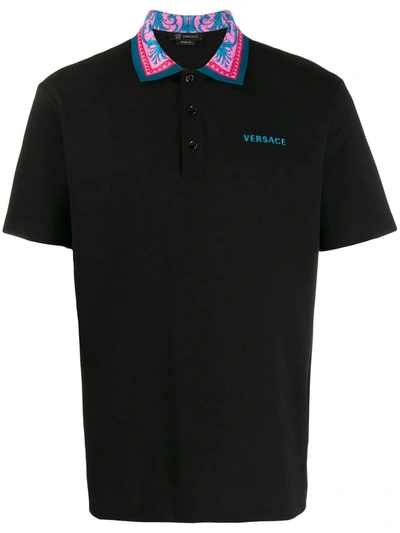 Versace Embroidered Logo Polo Shirt In Black