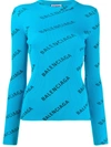 Balenciaga Logo Printed Knit Rib Crewneck Sweater In Blue