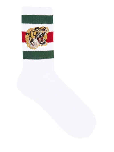 Gucci Mens White Stretch Cotton Socks With Tiger