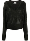 SAINT LAURENT KNITTED V-NECK SWEATER WITH LAMÉ STRIPE PANELS