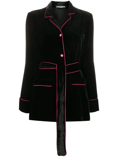 Dolce & Gabbana Belted Piped Satin-trimmed Velvet Shirt In Black