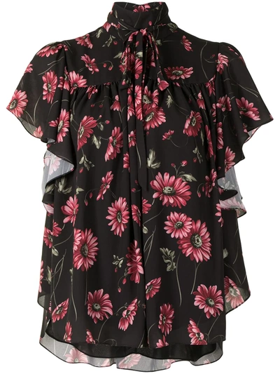 Adam Lippes Floral-print Flounce Sleeve Blouse In Black