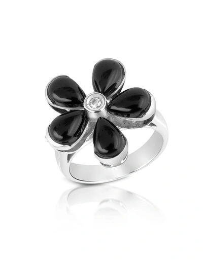 Del Gatto Rings Diamond And Onyx Flower 18k Gold Ring
