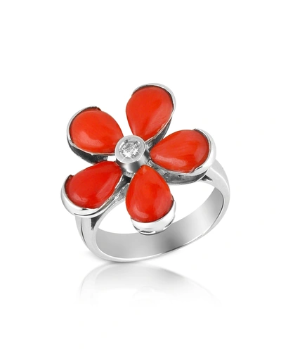 Del Gatto Rings Diamond And Red Coral Flower 18k Gold Ring
