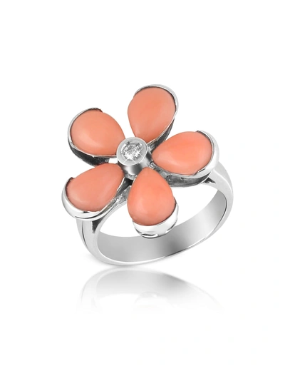 Del Gatto Rings Diamond And Pink Coral Flower 18k Gold Ring