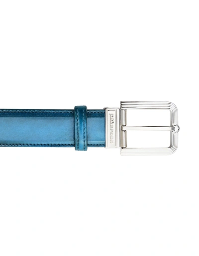 Pakerson Designer Men's Belts Fiesole Blue Bay Italian Leather Belt W/ Silver Buckle In Bleu