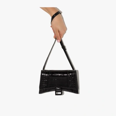 Balenciaga Black Hourglass Mock Croc Leather Cross Body Bag