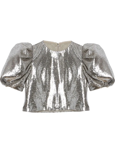 Carolina Herrera Embellished Puff-sleeve Crop Top In Silver