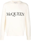Alexander Mcqueen Cotton Sweater With Logo Embroidery In Neutrals