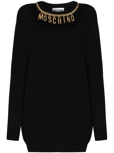 Moschino Mini Dress With Logo Lettering Charm In Black,gold