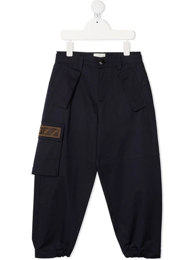 Fendi Kids' Ff-logo Embroidered Trousers In Blu