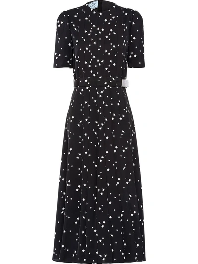 Prada Pleated Star-print Mid-length Dress In Black