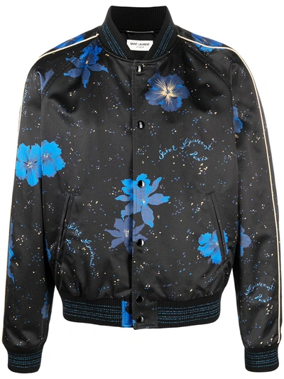 Saint Laurent Floral-print Bomber Jacket In Schwarz