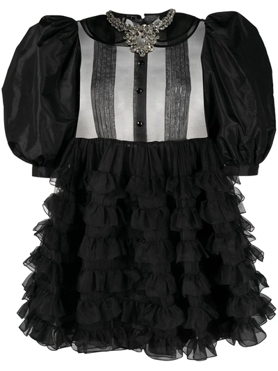 Miu Miu Ruffle-trim Puff-sleeve Silk Dress In Black