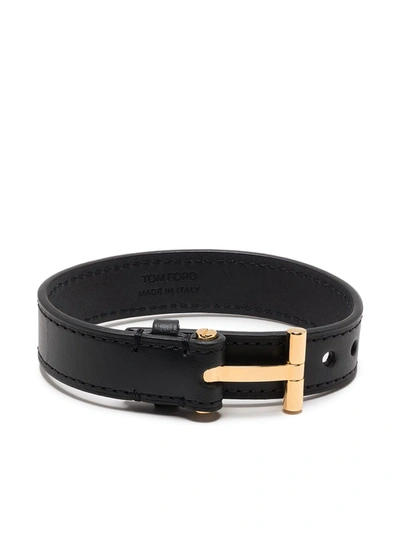 Tom Ford Black Leather T-lock Wrap Bracelet In Blg Blkgld